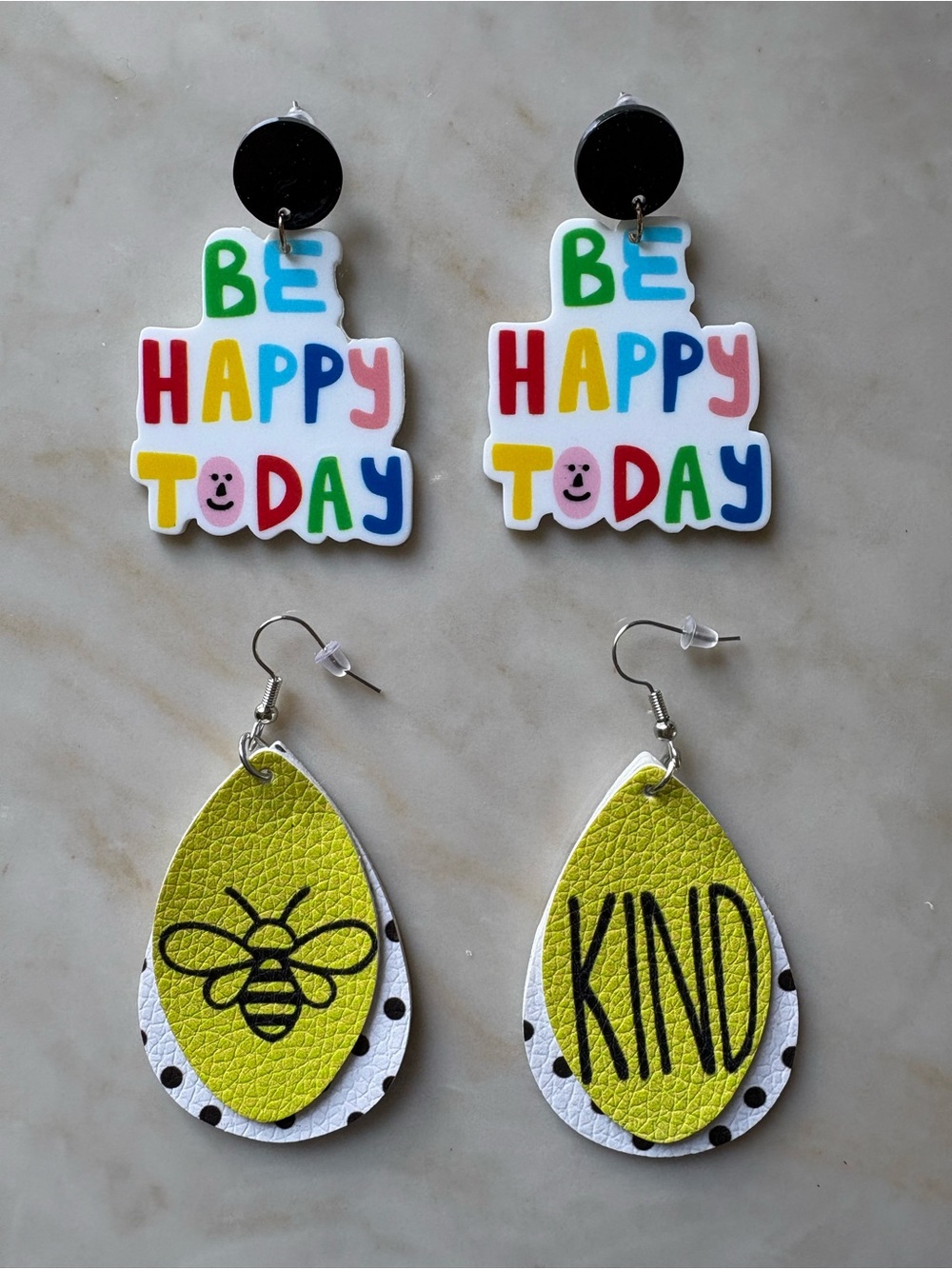 'Be Happy Today' & 'Bee Kind’ Earrings - 2 Pairs  PU Leather & Acrylic